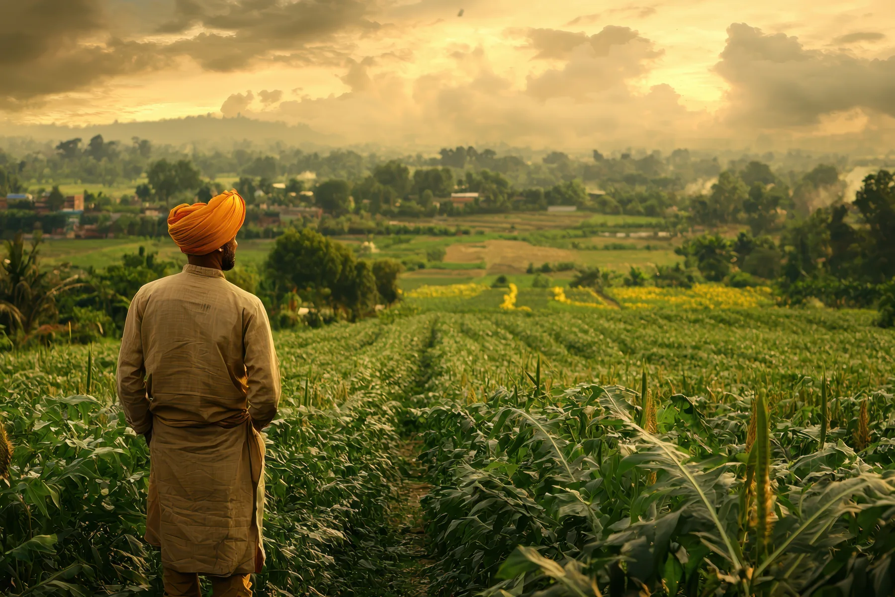 Farmer looking across green farmland