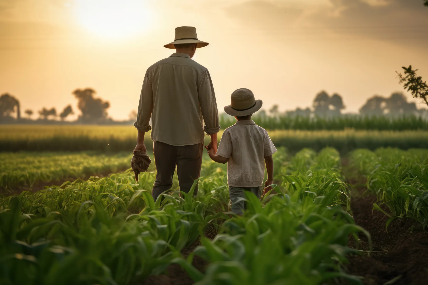 Father and child walking through a green field at sunset