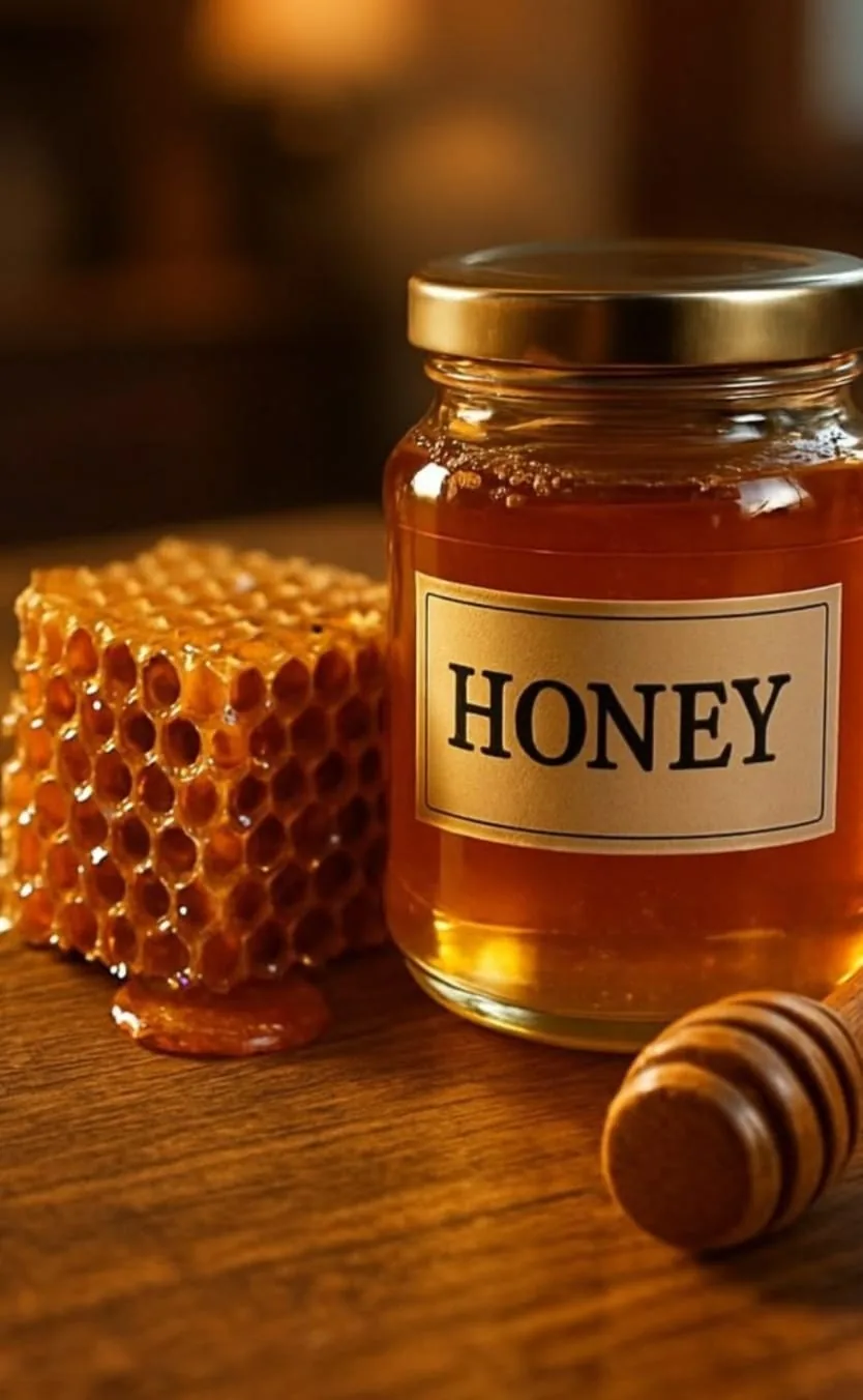 Jar of honey beside honeycomb and a wooden dipper