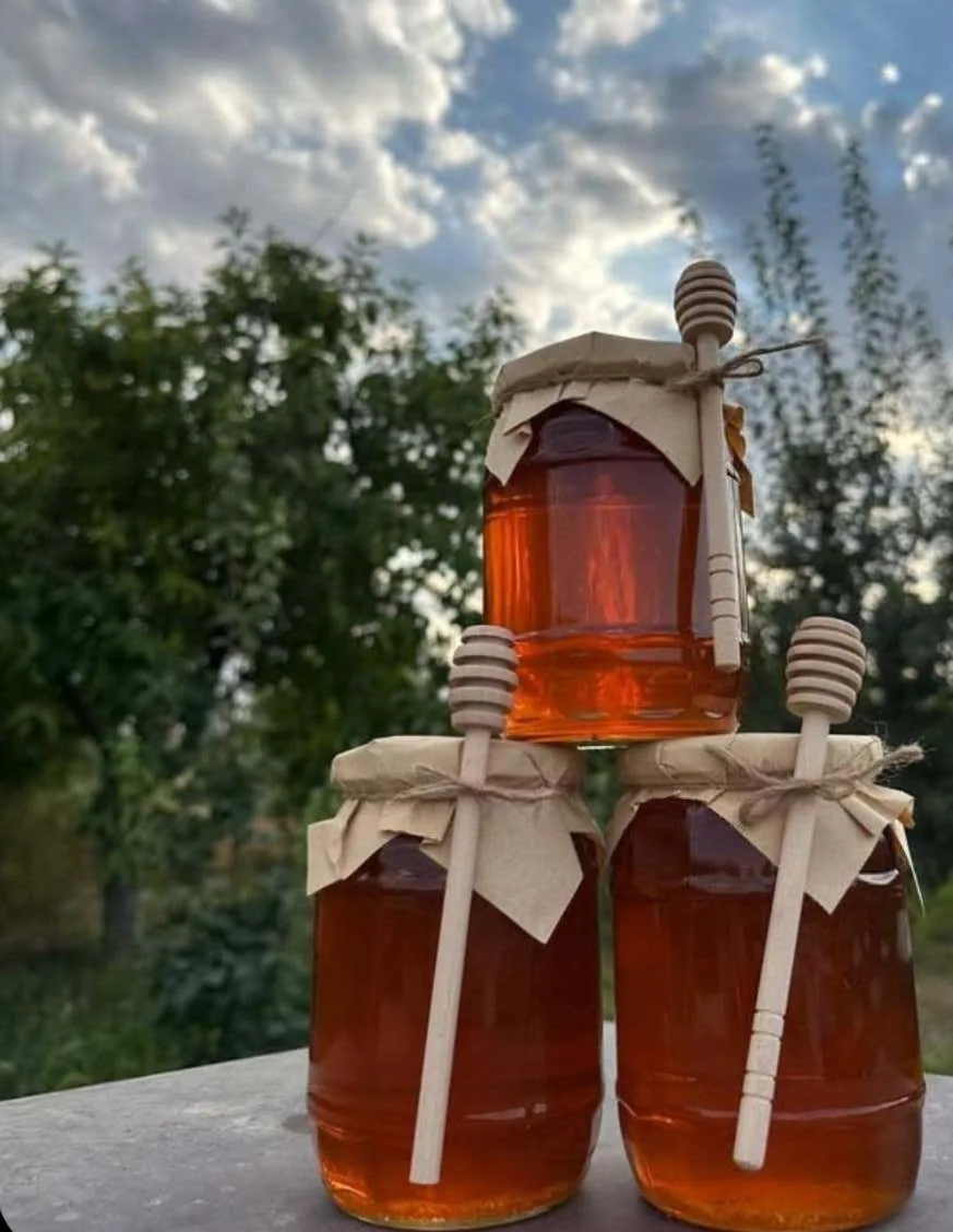 Jars of honey with wooden dippers and paper covers