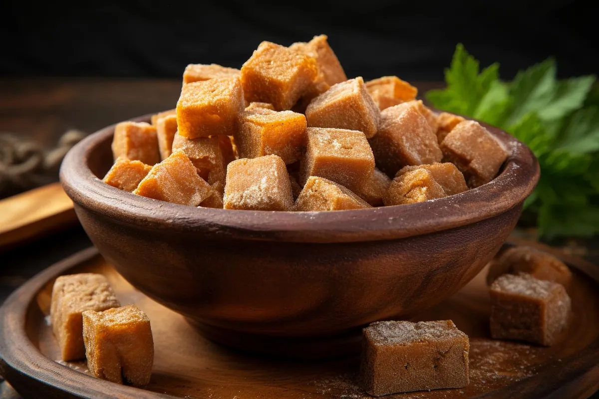 Jaggery cubes in a clay bowl