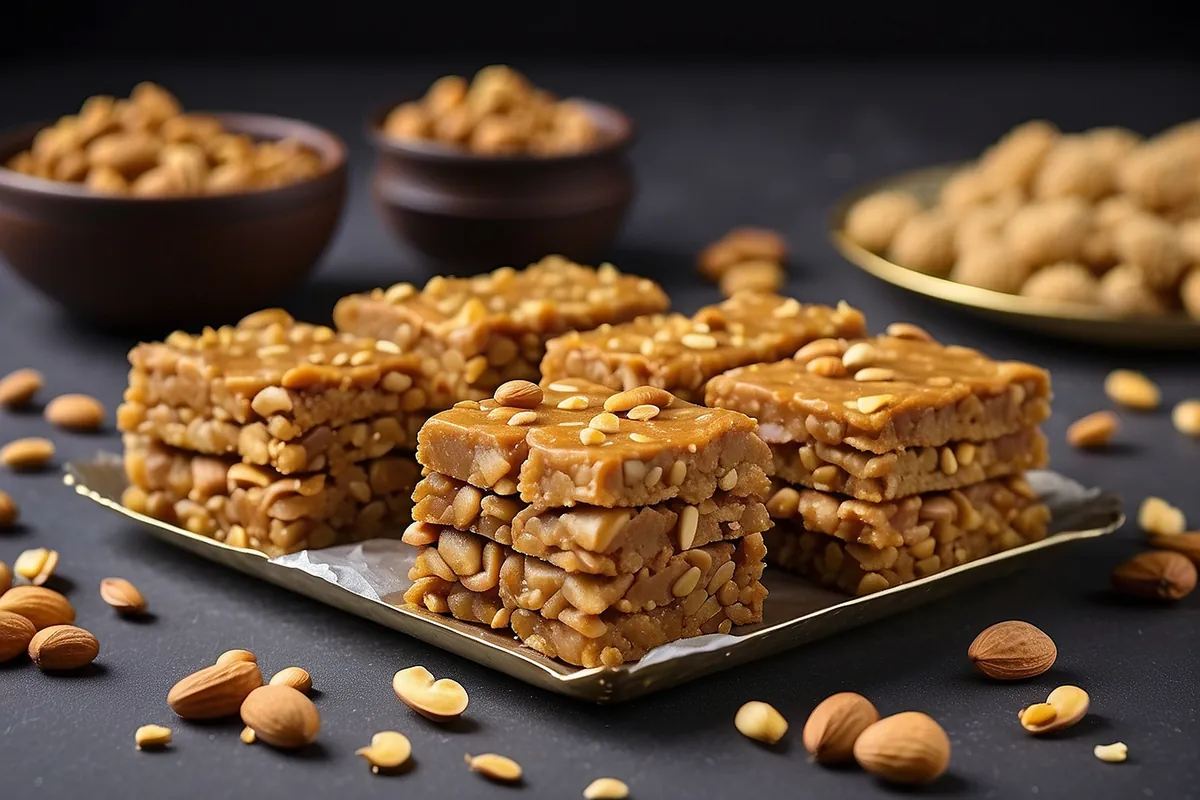 Jaggery bars with dry fruits and sesame seeds on a tray