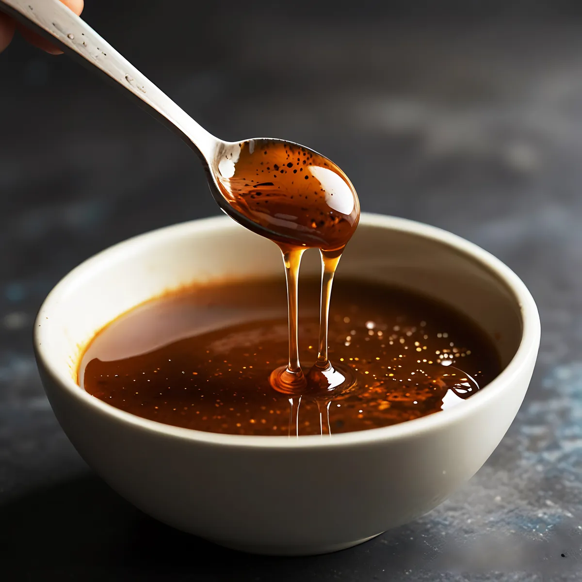 Spoon lifting liquid jaggery from a bowl